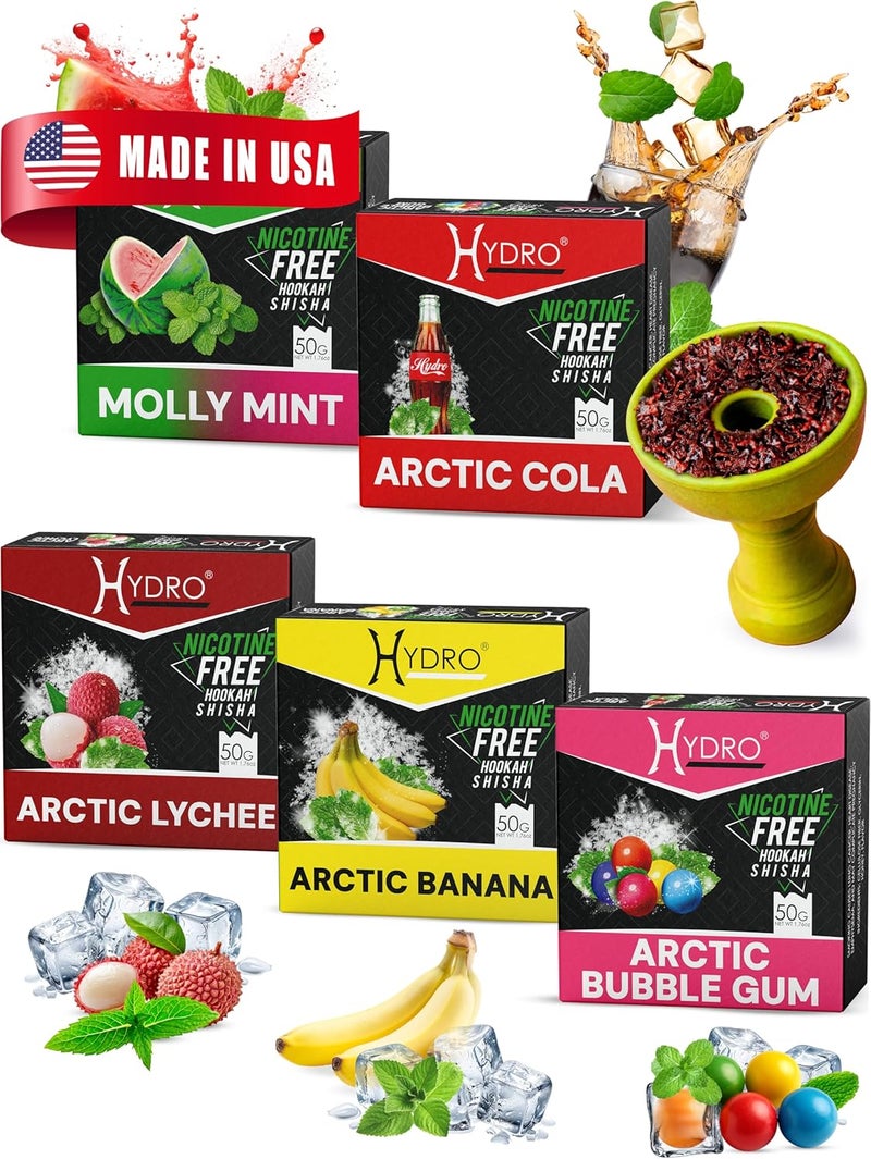 Hydro Hookah Flavors Bundle – Tobacco Free & Nicotine Free Shisha Arctic Lychee, Cola, Bubble Gum, Banana, and Molly Mint – Natural, Long-Lasting, Smooth Taste, 50-Gram Packs (Pack of 5) - Image 1